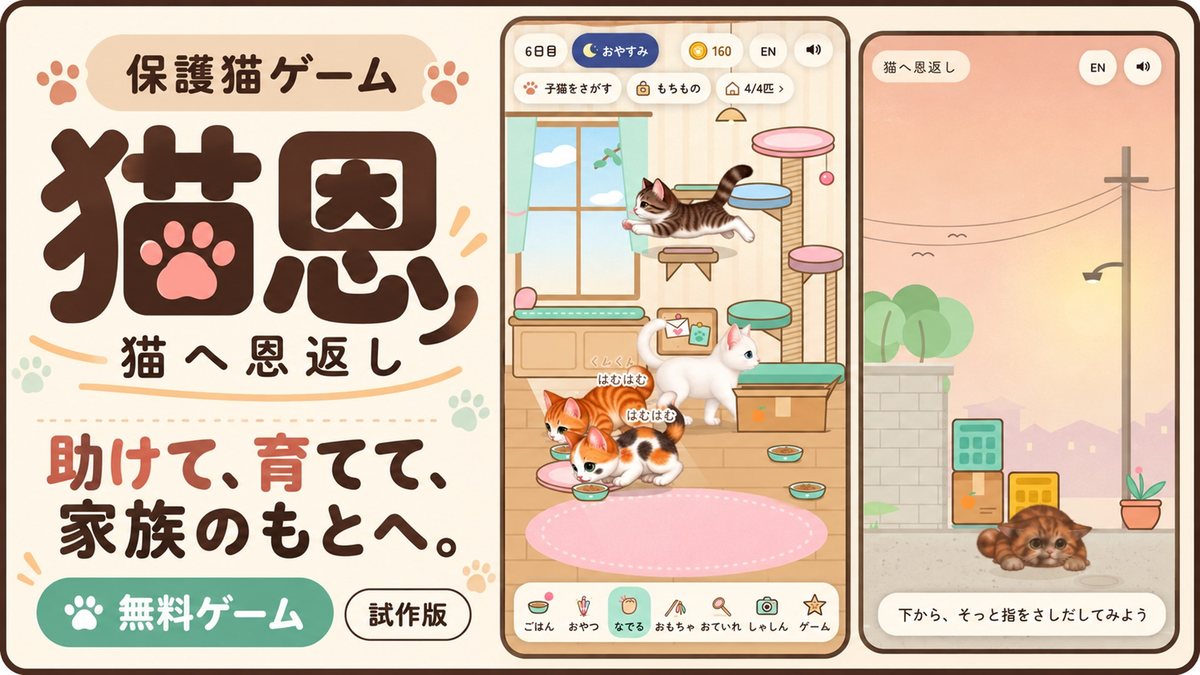 保護猫ゲーム『猫へ恩返し』のゲーム画面。おうちのキャットタワーで子猫たちが暮らしている